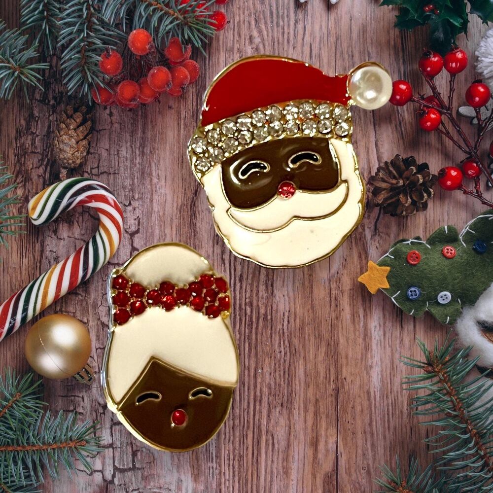 Sparkly Black Santa and Mrs. Claus Christmas Stud Earrings for Festive Cheer